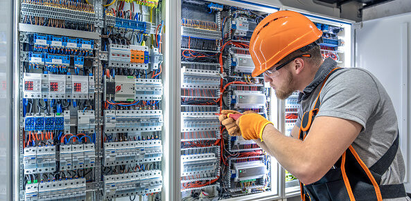 Electrical technician on control panel