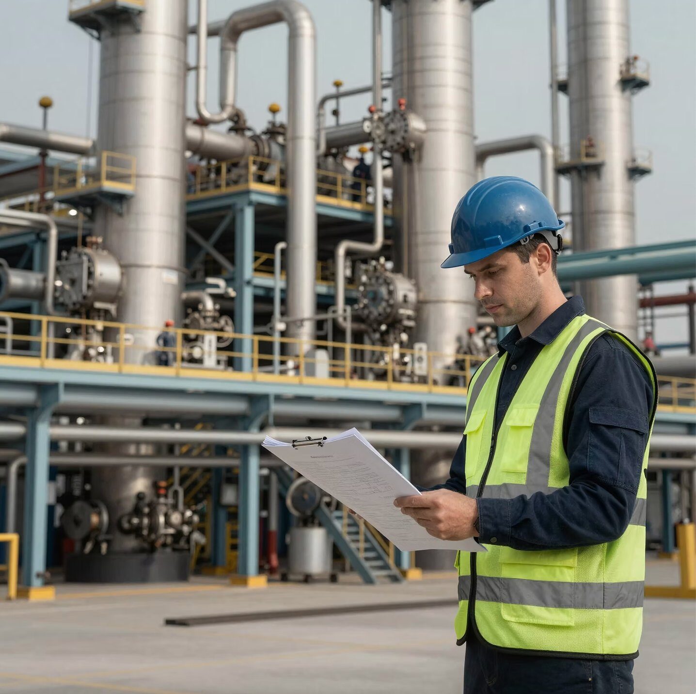 Engineer inspecting documentation at a petrochemical plant